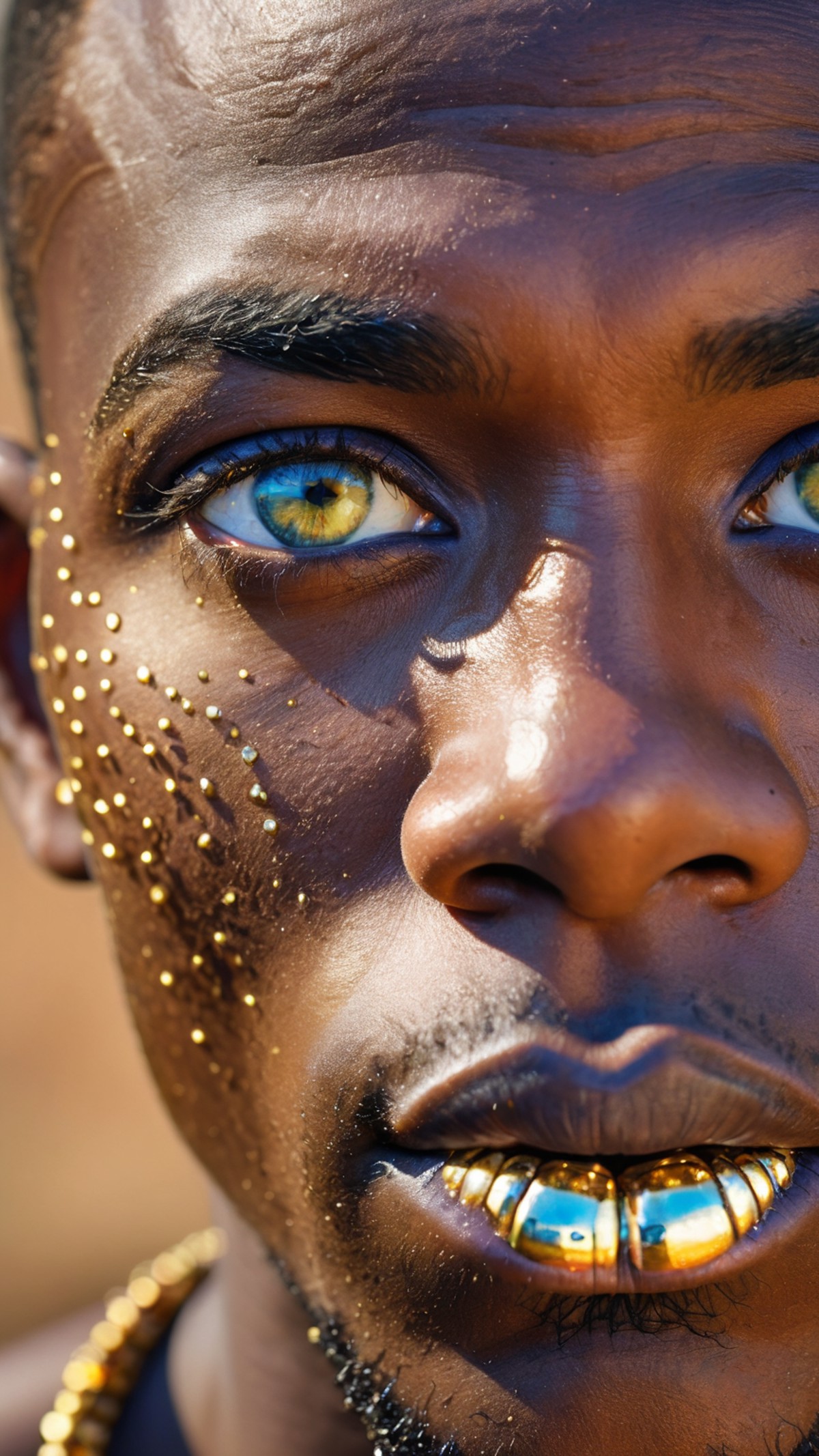 close up portrait of  an african man, small jewels around his eyes, gold shadow, heavily colored lips, highly detailed fac...